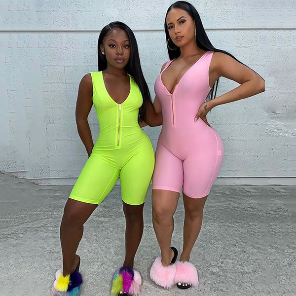 fashion design women deep v-neck bodycon jumpsuit shorts playsuits yellow sleeveless front zipper ladies charming rompers spring, Black;white